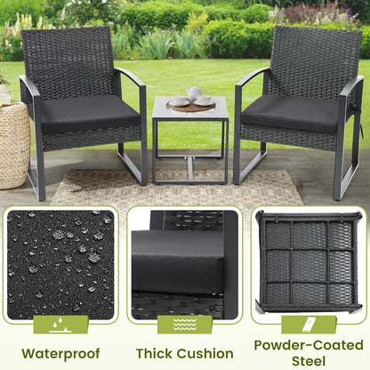 Outdoor 3-Piece Wicker Bistro Set, Patio Conversation Set | 2 Chairs with Coffee Table, for Balcony, Porch, Garden, Yard, Poolside, Black Frame & Black Cushion3
