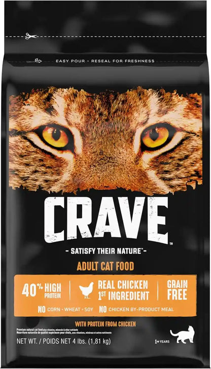 CRAVE Grain Free High Protein Natural Adult Dry Cat Food, Chicken, 4 Lb | Real Chicken #1 Ingredient, 40% Protein, No Chicken By-Product Meal, No Corn, Wheat or Soy, Complete & Balanced1