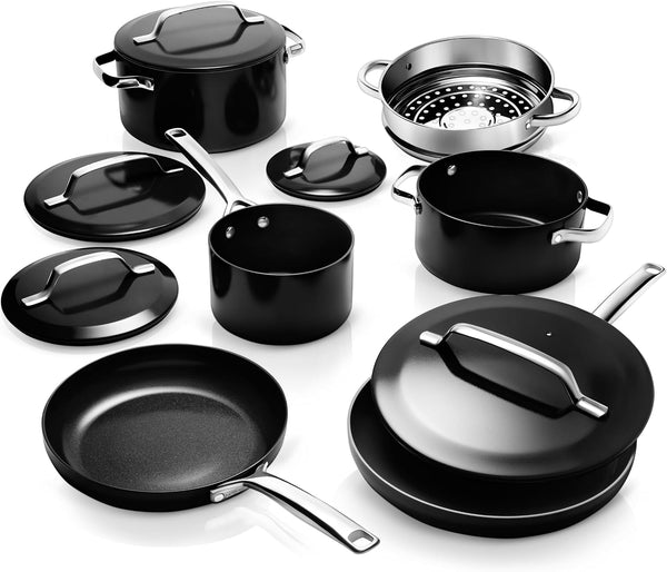 Modern 11 Pc Ceramic Pots and Pans Set Non Stick, Professional Elegant Kitchen Cookware Sets with Steamer for Cooking, Non Toxic Made without PFOS PFOS, Dishwasher & Oven Safe1