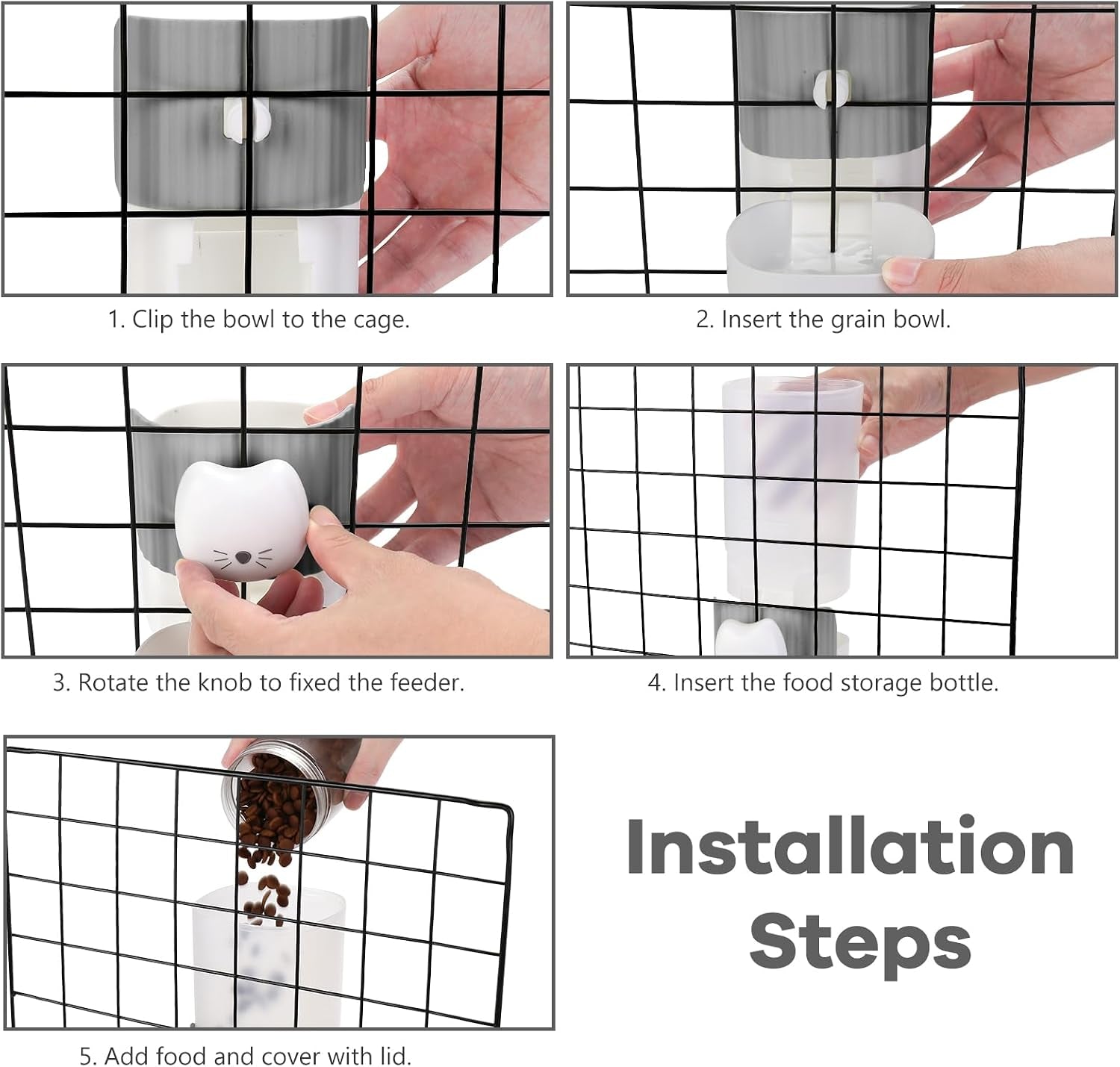 yummy-sam-hanging-automatic-small-pet-food-water-dispenser-auto-gravity-0-8l-cat-feeder-and-0-87l-water-dispenser-self-feeding-and-waterer-set-kennel-feeding-station-for-puppy-cats-grey-white