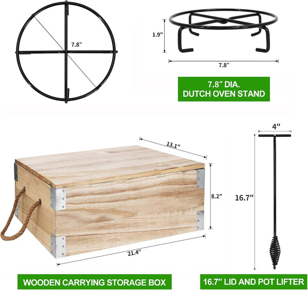 8 Piece Pre-Seasoned Dutch Oven Cooking Set Cast Iron Camping Kitchen Cookware Bakeware Skillets & Square Grill Pan W/Vintage Carrying Wood Box for Ourdoor Home BBQ Baking5