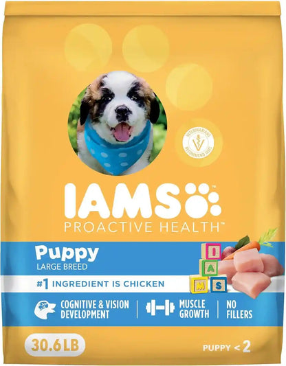 IAMS Proactive Health Large Breed Puppy Dry Dog Food, Chicken, 30.6 Lb | Real Chicken #1 Ingredient, Omega-3 DHA for Cognitive & Vision Development, Optimal Calcium for Bones & Joints, Vitamin E1