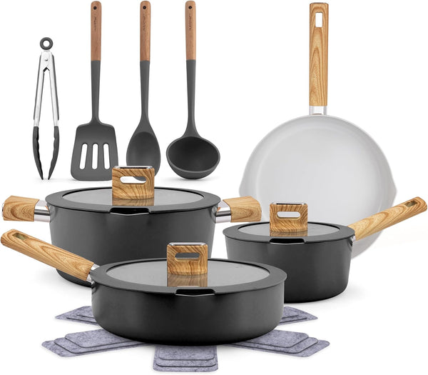 14 Pc Ceramic Cookware Set, Pots and Pans Set Non Stick, Black | Induction Safe, Cool-Touch Handles, Even Heat, Non-Stick Pans and Pots, Dishwasher Safe, Includes Spatula, Ladle, Tong1
