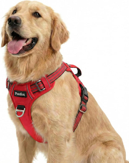 Funfox Dog Harness Medium Sized Dog, Vertical Handle Easy Control, No Pull Pet Vest Adjustable with 2 Leash Clips, Soft Material, Reflective Safe Night Walking for Small Medium Large Breed, Black, M26