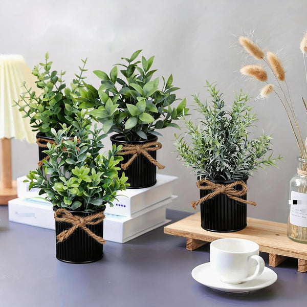 4 Potted Artificial Plants Metal Fake Potted Plant with Iron Pot Mini Greenery Decor Small Faux Plants for Indoor Farmhouse Home Porch Garden Bathroom Room Décor Black3