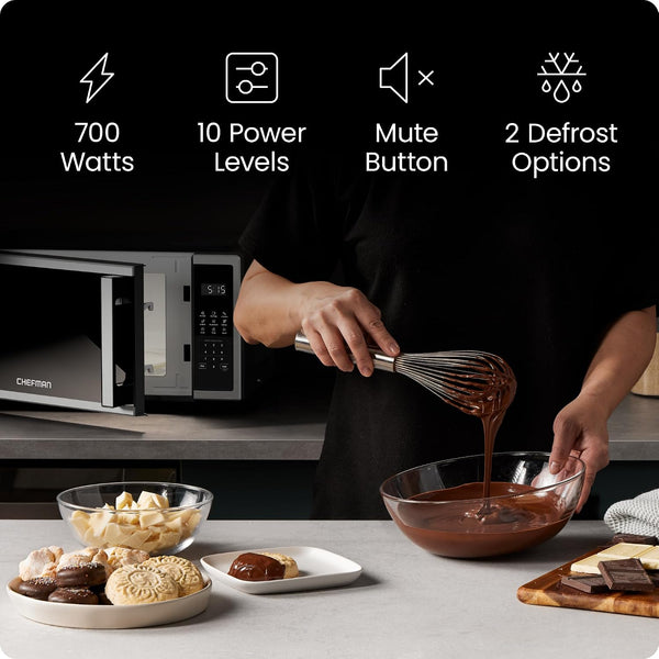 Compact Countertop Microwave, 0.7 Cu Ft, 700W, Stainless | 10 Power Levels, 3 One-Touch Presets, +30 Second Button, Time & Weight Defrost, Mute Option, Child Safety Lock, Digital Timer2