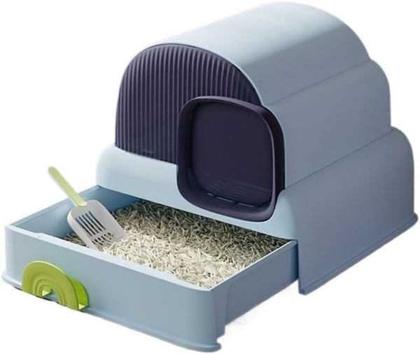 Pet Supplies, Enclosed Cat Litter Box with Hood & Drawer, Anti-Splash & Easy Clean(Blue)1