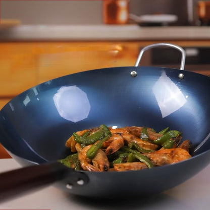 14 Inch Blue Carbon Steel Wok - Pre-Seasoned Flat Bottom Stir Fry Pan (5 Quart) - Heavy Duty Cookware for Induction & Gas Stovetops4