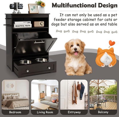 Dog Food Cabinet Feeding Station with 2 Raised Bowls, Pull Out Elevated Dog Bowl, Storage, 3 Hangers, Pet Feeder Toy Leashes Organizer, Brown8