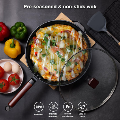 2 PCS Carbon Steel Wok -13 Inch Woks & Stir-Fry Pans Nonstick, Wok Pan with Glass Lid Spatula and Dish Brush: Pre-Seasoned Flat Bottom Chinese Wok for Induction, Electric, Gas, All Stoves8