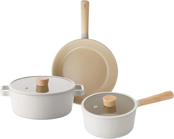 FIKA 5-Piece Ceramic Coated Nonstick Pots and Pans Set with Glass Lids, 18Cm Saucepan, 24Cm Frying Pan and Stockpot, Natural Wood Accents, Induction Compatible Cookware, Made in Korea1
