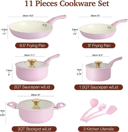 Pots and Pans Set Non Stick, 11Pcs Pink Ceramic Cookware Set | Compact Nonstick Cooking Set, Induction Cookware Set, PFOA & PFAS Free, Non-Toxic, Easy Food Release, Easy to Clean2