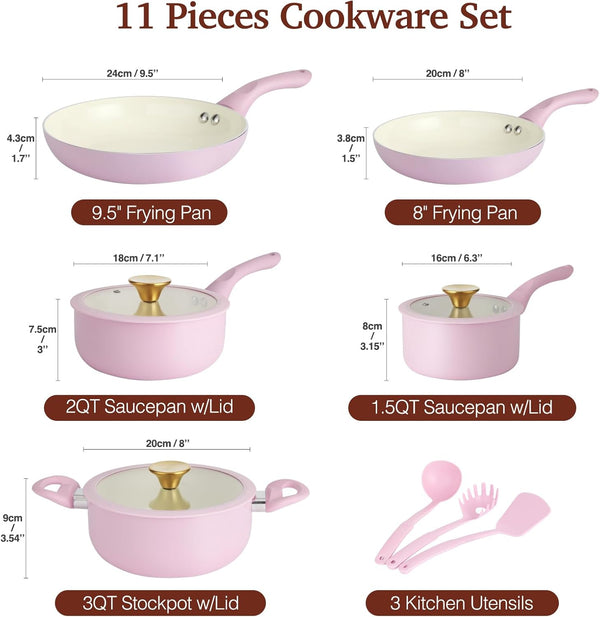 Pots and Pans Set Non Stick, 11Pcs Pink Ceramic Cookware Set | Compact Nonstick Cooking Set, Induction Cookware Set, PFOA & PFAS Free, Non-Toxic, Easy Food Release, Easy to Clean2
