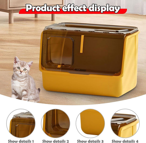 Hooded Cat Litter Box Enclosed Covered Toilet Container Sturdy Deep Pan Portable Pet Supplies Kitten Potty- Yellow2