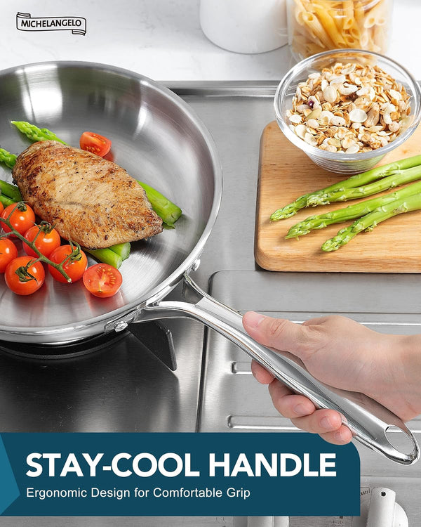 18/10 Stainless Steel Frying Pan Set, 8" / 9.5" / 11" Cooking Pans, Triply Base Stainless Steel Pan Set with Ergonomic Handle, Induction Compatible | 18/10 Stainless Steel Frying Pan Set with 3 Sizes and Triply Base for Even Heating, Versatile Everyday Cooking2