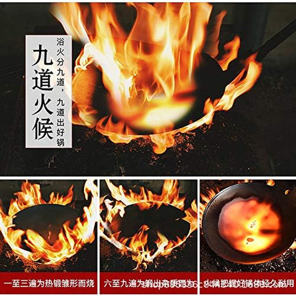 Chinese 100% Hand Hammered Iron Woks Stir Fry Pans, Non-Stick, No Coating, Less Oil, 34CM, Black Seasoned Wooden Handle, Masterchef6
