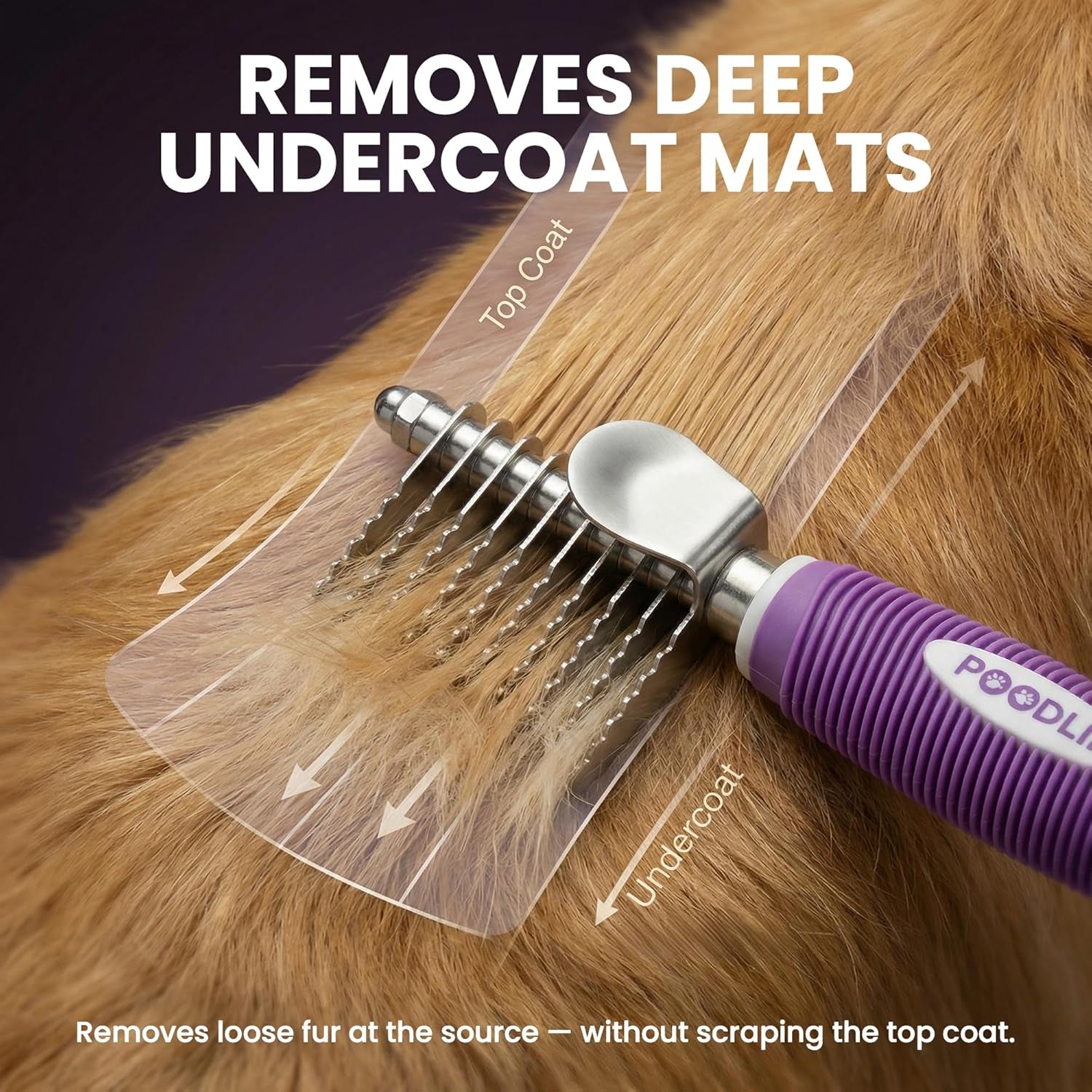 poodle-dematting-fur-rake-comb-brush-for-dogs-and-cats-long-2-5-steel-safety-blades-metal-comb-for-detangling-matted-or-knotted-undercoat-hair