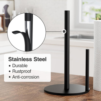 Paper Towel Holder Black, Premium Stainless Steel Kitchen Roll Dispenser, Countertop Roll Organizer with Weighted Base3