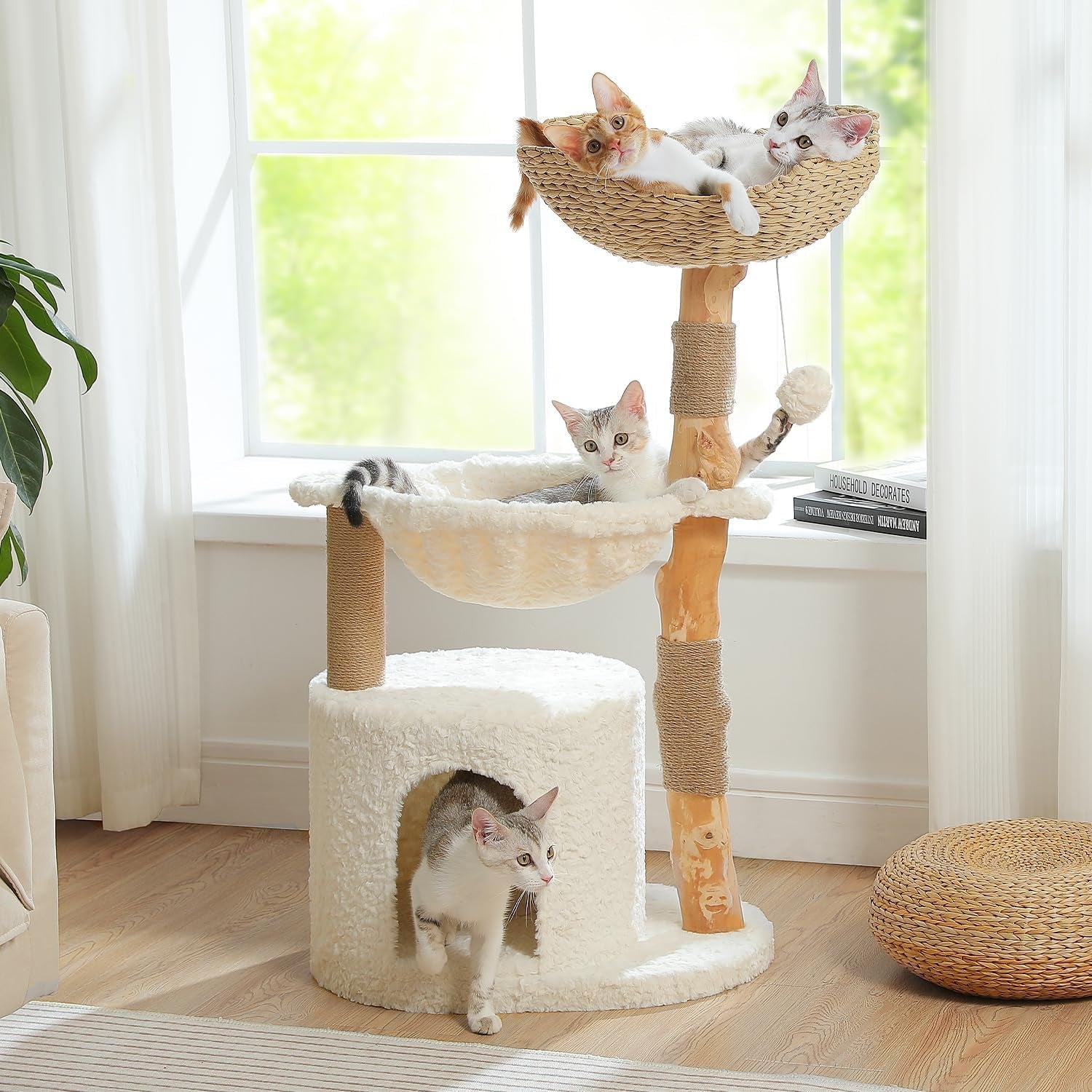 pawz-road-59-modern-cat-tree-natural-wood-cat-tower-for-large-cats-white-wicker-basket-bed-2-flower-perches-for-multi-cat-cat-tree-tower-with-large-condo-hammock-solid-wood-cat-tree-house