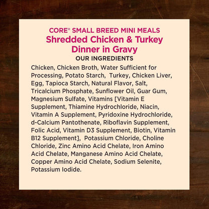 Wellness CORE Small Breed Mini Meals Shredded in Gravy Adult Wet Dog Food, Grain Free, Natural, Chicken and Turkey Dinner Recipe, 3 Oz, Pack of 12 Pouches7