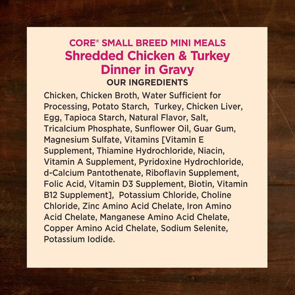 Wellness CORE Small Breed Mini Meals Shredded in Gravy Adult Wet Dog Food, Grain Free, Natural, Chicken and Turkey Dinner Recipe, 3 Oz, Pack of 12 Pouches7