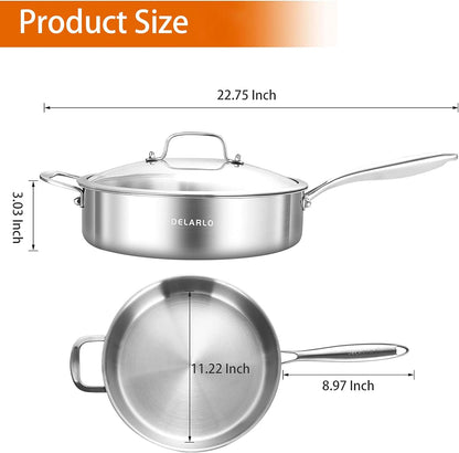 Tri-Ply Stainless Steel Frying Pan,12 Inch Skillet with Lid,6 Quart Saute Pan,Compatible with All Cooktops,Oven up to 660℉,Chicken Fryer,Dishwasher-Friendly4
