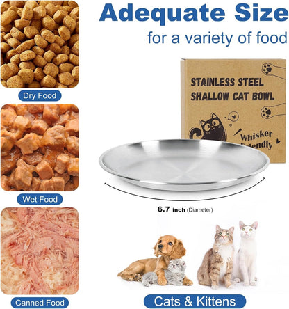 Supet Cat Plates Whisker Friendly, Non Slip Dish for Wet Food, Shallow Wide Flat Bowls Stainless Steel Metal for Indoor Cats, Kitten, Small Dog (13Oz, 4Pcs)5