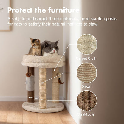 MECOOL 4In1 Small Cat Tree,Scratching Post with Tower Soft Bed, Sisal Carpet Jute Posts with Three Hanging Ball Toys and Massage Brush for Indoor Cats and Kittens3
