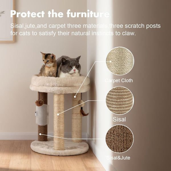 MECOOL 4In1 Small Cat Tree,Scratching Post with Tower Soft Bed, Sisal Carpet Jute Posts with Three Hanging Ball Toys and Massage Brush for Indoor Cats and Kittens3