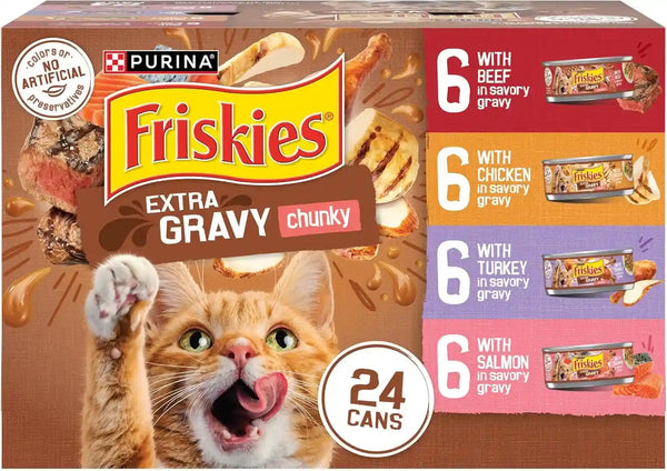 Purina Friskies Extra Gravy Wet Cat Food Chunky 24Ct Variety Pack (With Chicken, Turkey, Salmon, Beef) - (Pack of 24) 5.5 Oz. Cans1