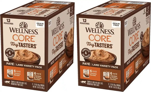 Wellness CORE Tiny Tasters Pate Variety Pack Adult Wet Cat Food, Natural, Protein Rich, Grain Free, Land Recipes, 1.75 Oz, Pack of 12 Pouches11