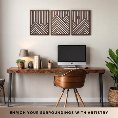 Modern Wooden Wall Sculptures - Set of 3 - Home Decor Accent - Large Wall Art for Living Room, Bedroom, Office - Easy Installation (Walnut, Medium - Mountain and Sun)3