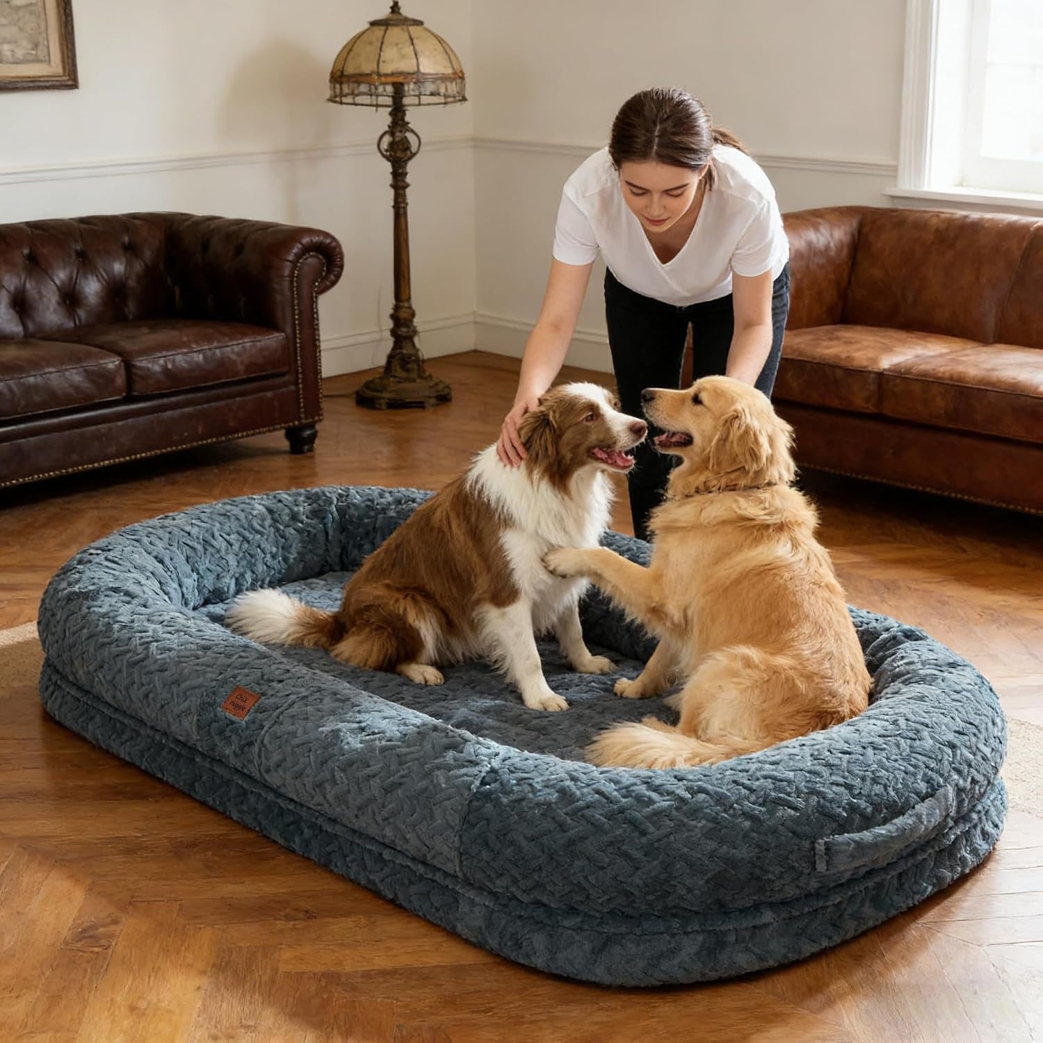 chixnuggle-orthopedic-human-dog-bed-with-faux-fur-washable-cover-blanket-bluish-grey-72-40-10-giant-dog-bed-for-adult-or-extra-large-dogs-egg-crate-foam-non-slip-bottom