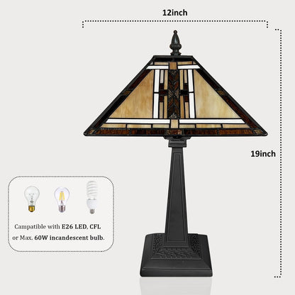 Tiffany Lamp Mission Style Stained Glass Table Lamp 12" Desk Light | Antique Style Mideium Size Nightstand Bedside Reading Lamp for Living Room Bedroom Office W12" X H19"8