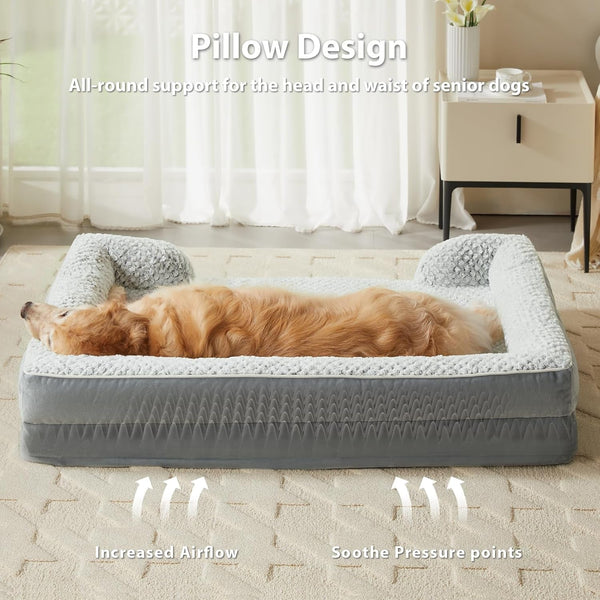 LEXTRO Orthopedic Dog Beds for Large Dogs,42X30 Inch Extra Large Dog Bed, Egg Crate Foam Bed for Large Dogs, Big Pet Bed with Washable Removable Waterproof Pillow Cover and Anti-Slip Bottom, Grey3