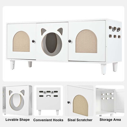 Anwick Cat Litter Box Enclosure Cabinet Furniture | Modern 2-In-1 Wooden Cat House Cabinet with Storage Hook and Scratch Board,White3