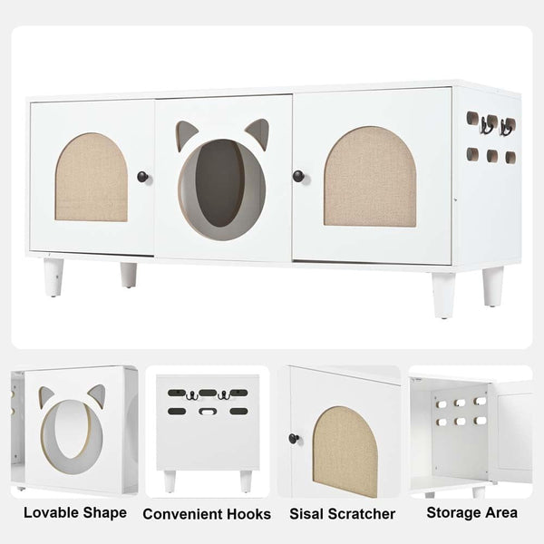 Anwick Cat Litter Box Enclosure Cabinet Furniture | Modern 2-In-1 Wooden Cat House Cabinet with Storage Hook and Scratch Board,White3