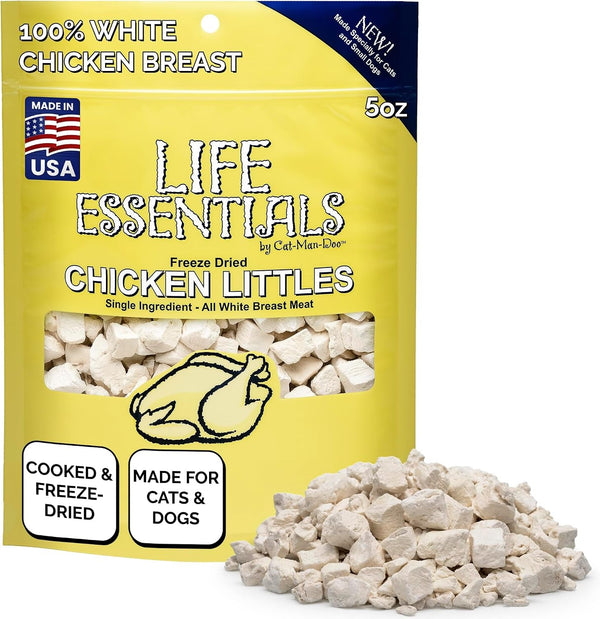 Life Essentials by Cat-Man-Doo | Chicken Littles - 5Oz Bag | Freeze Dried Chicken Cat & Dog Treats | Healthy, Single Ingredient, Training Treats, High Protein | Cooked, Diced & Freeze Dried, Healthy Chicken Cat Treats & Small Dog Treats, High Protein Pet Treats and Toppers, Made in USA1