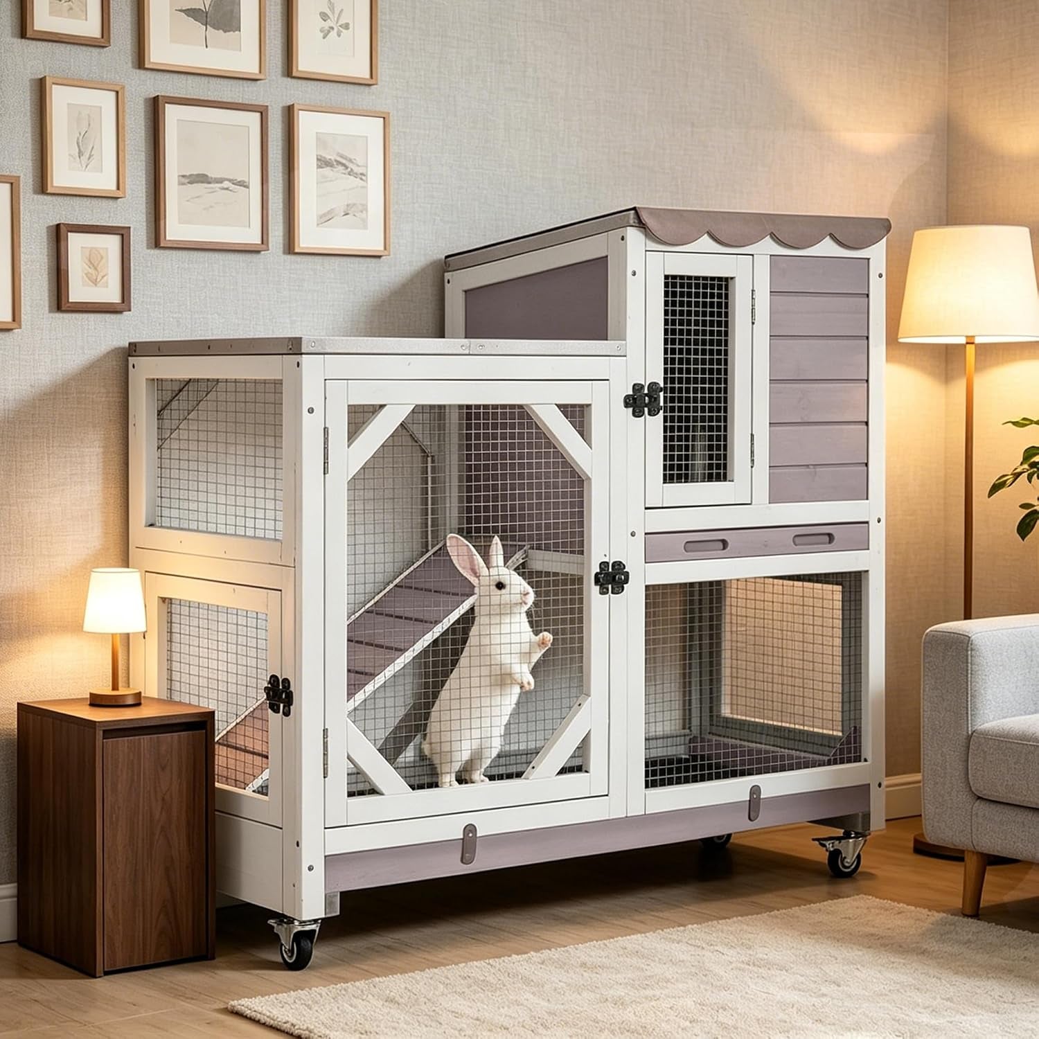 gutinneen-wooden-duplex-rabbit-cage-on-wheels-with-chew-proof-ramp-grey-4-mobile-swivel-casters-2-story-design-waterproof-rain-cover-5-access-doors-2-sliding-trays