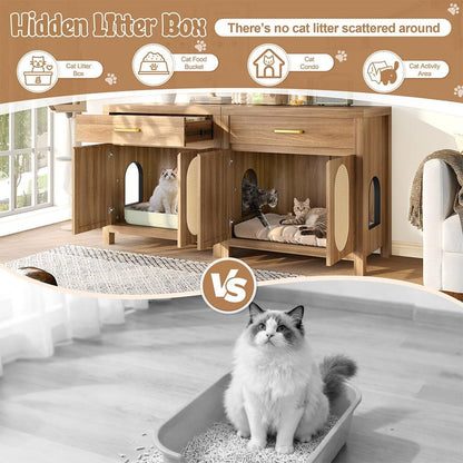 Cat Litter Box Enclosure Furniture, Hidden Litter Box Cabinet Cat House Side Table with Drawer & Sisal Scratch Pads, Wooden Pet Furniture for Living Room, Bedroom,Brown3