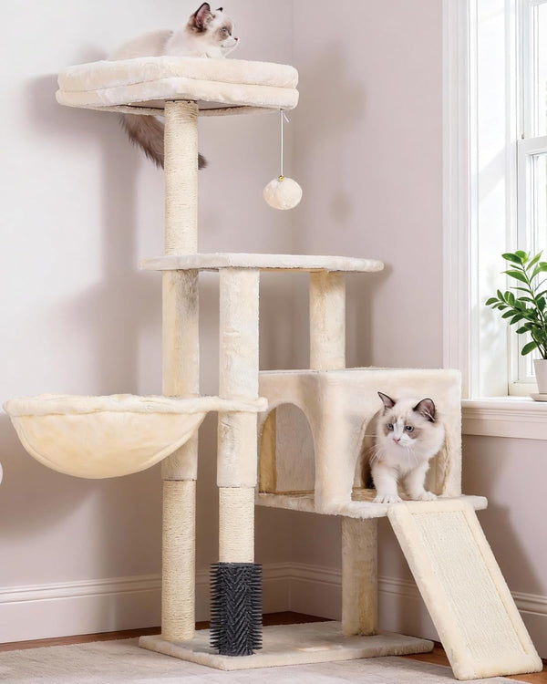 Heybly Cat Tree, 45.3-Inch Cat Tower for Indoor Cats with Large Perch, All-In-One Cat Furniture with Cozy Bed, Hidden Space Cat Condo, Comfy Hammock, Scratching Posts & 3 Pompoms, Light Gray HCT202SW11