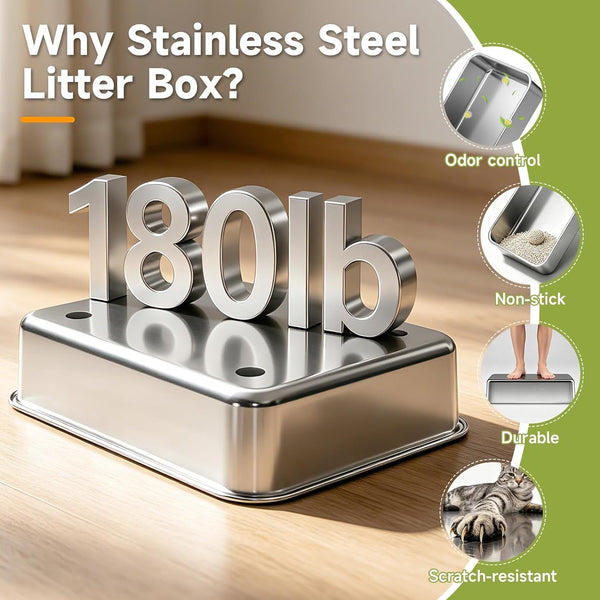Stainless Steel Cat Litter Box with Lid, XL Metal High Sided Litter Box | Odor Free Open Top Litter Pan Easy Cleaning Anti-Urine Leakage Non-Stick Includes Scoop Light Grey5