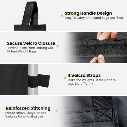 USA 125LBS 4-Pack Universal Canopy Weights, Secure Wind Protection to Prevent Tipping, Easy Wrap-Around Installation Heavy Duty Sandbags (Without Sand), Fits All Instant Shelter Legs,Black3