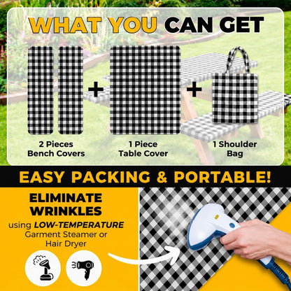 Vinyl Fitted Picnic Table Cover with Bench Covers & Bag 6Ft Black Checkered |  Outdoor Waterproof, Windproof Tablecloth with Elastic Edges. Camping RV Gear Campers Must Have 72X30 Inches7