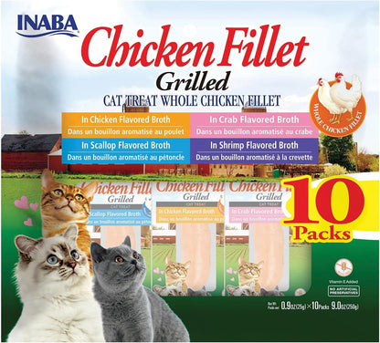 INABA Grilled Fillet Cat Treats, Chicken Fillet Variety Box, 10Ct | Hand-Cut Grilled Chicken, Broth-Packed, Vacuum Packed, 78% Moisture, Immune Support, Grain-Free, 10 X 0.9 Oz Fillets13