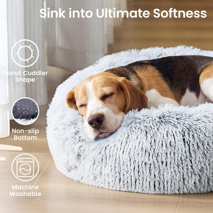JOLLYVOGUE Small Dog Bed, Calming Dog Beds for Small Dogs & Indoor Cats - 20 Inches Donut Washable Cat Bed for Kittens & Puppies, round Fluffy Plush Faux Fur Pet Beds(Smoke Grey)2