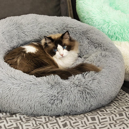 Anti Anxiety round Fluffy Plush Faux Fur Warm Washable Dog Bed & Cat Bed, Original Bed for Small Medium Large Pets,Used to Relieve Joints and Improve Sleep（20"/24"/27''） (24", Light Grey)1