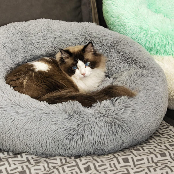 Anti Anxiety round Fluffy Plush Faux Fur Warm Washable Dog Bed & Cat Bed, Original Bed for Small Medium Large Pets,Used to Relieve Joints and Improve Sleep（20"/24"/27''） (24", Light Grey)1