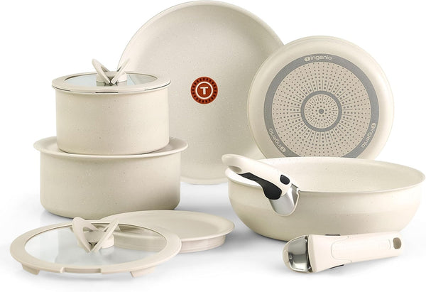 Ingenio Essentials Cookware Set with Detachable/Removable Handle 11 Piece, Granite Titanium Non Stick, Oven Broiler Safe 500F, Stackable, Pots and Pans Set, Frying Pans, Dishwasher Safe, Beige1
