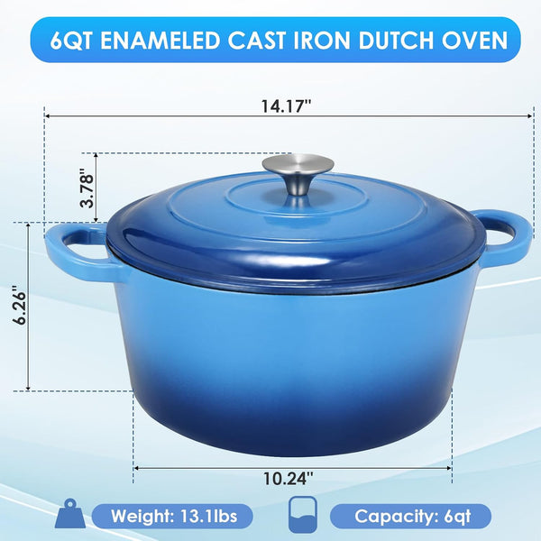 6 Qt Enameled Cast Iron Dutch Oven Pot with Lid，Oven Safe up to 500° F, Heavy-Duty Non-Stick Dutch Oven with Dual Handles for Bread Baking, Fry Foods, Braising, Stews, Roasting (Blue)5